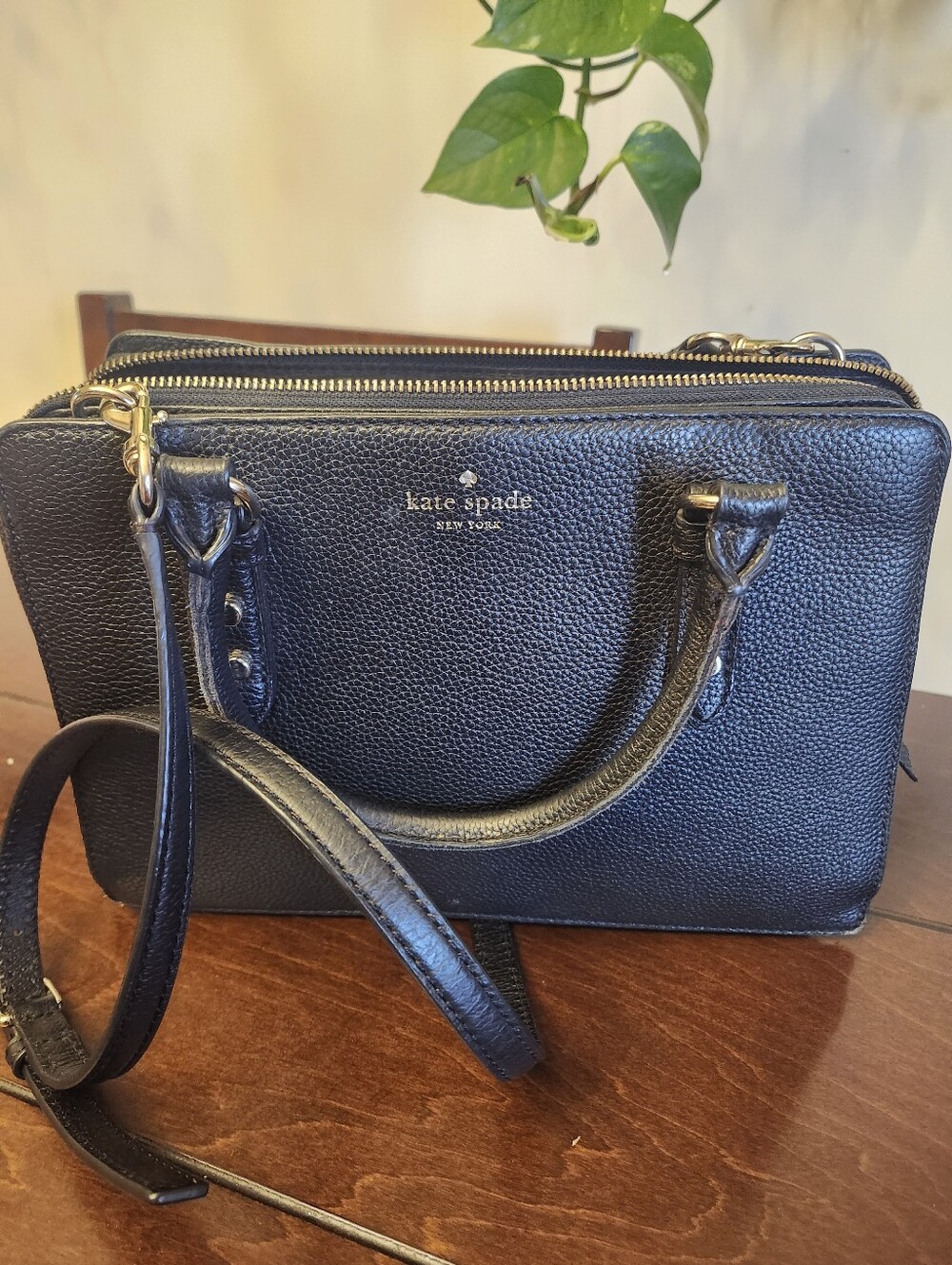 kate spade Black Pebbled Leather Double-Zip Satchel with Strap